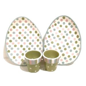 Bowring Easter Egg Plate Dishes Coddler Set Pastel Polka Dots Green Pink Blue